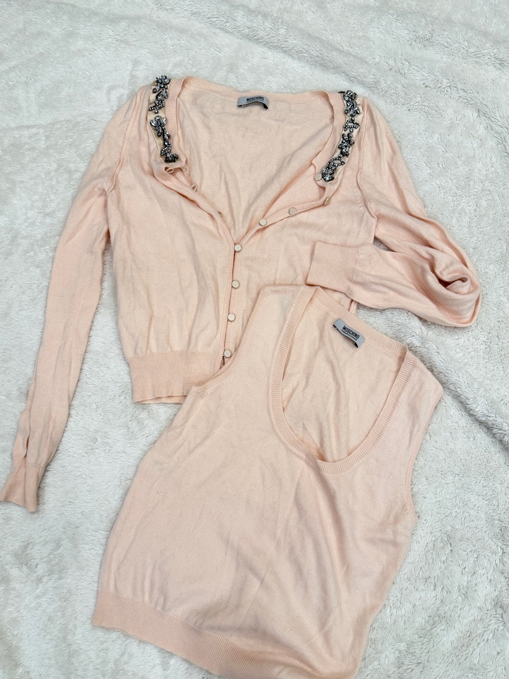 Moschino CheapandChic Embellished Collar Peach Knit Cardigan & Tank Set